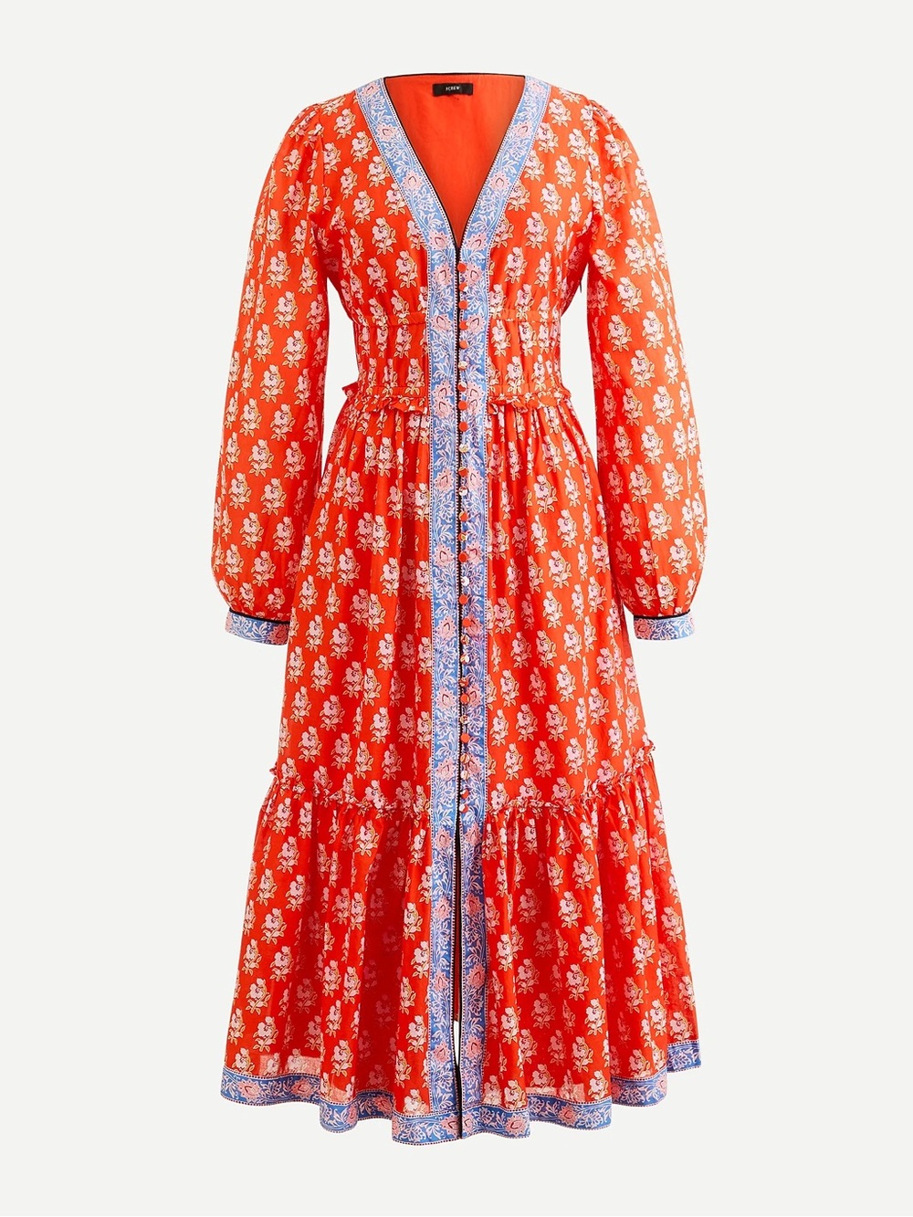 J.Crew 100% Cotton Button-up tiered dress in classic block print  Coral 8
